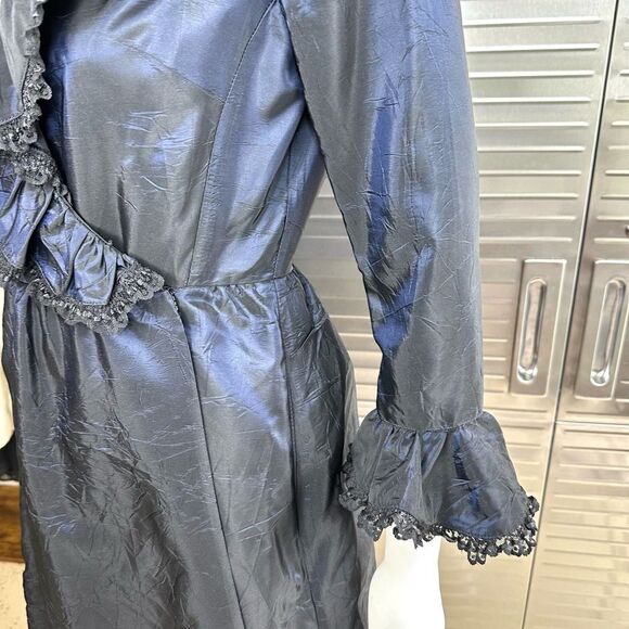 Anna Sui Vintage Taffeta Midnight Iridescent Blue Wrap Dress Small 4 - Picture 7 of 13